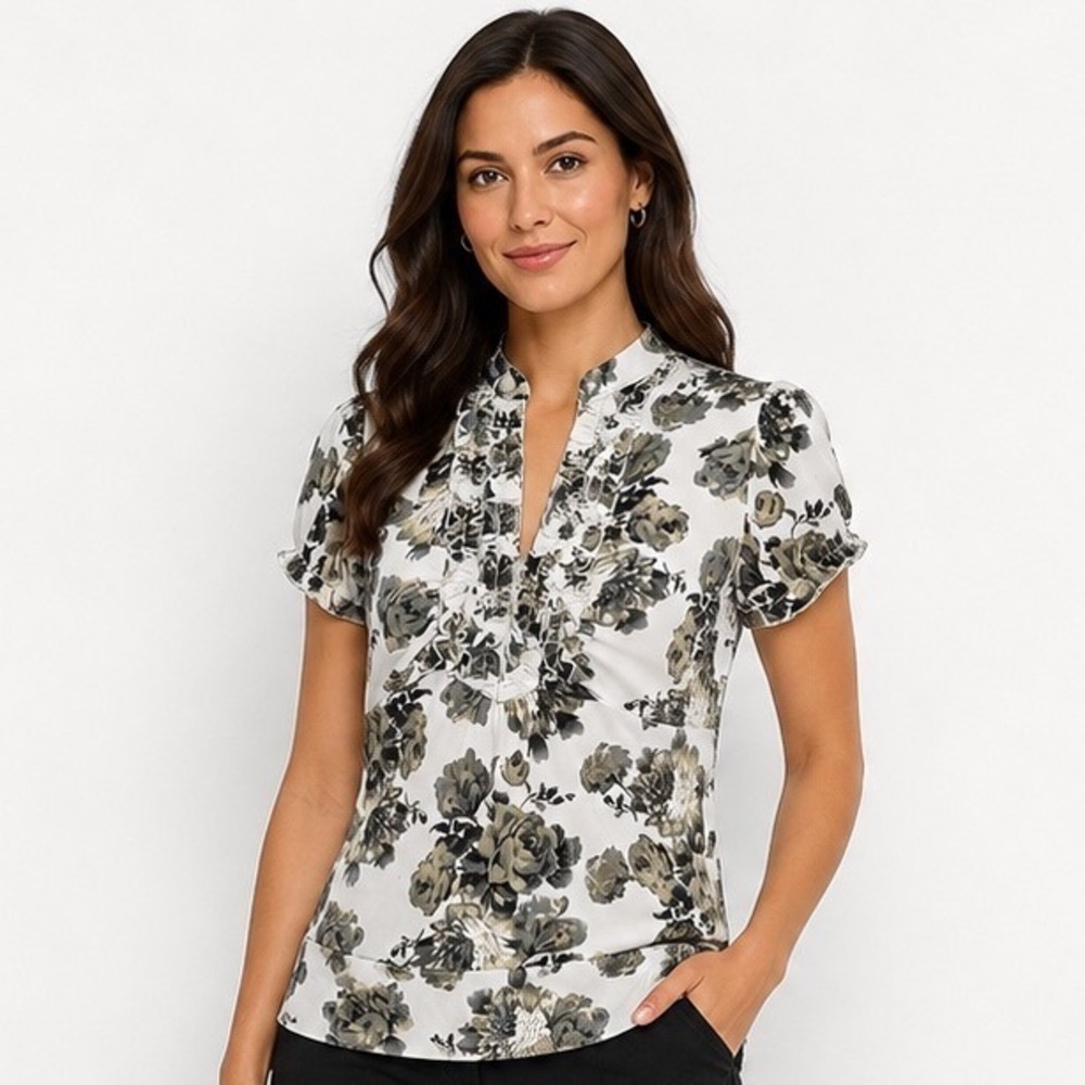 Maurices Blouse Medium White Gray Yellow Floral Ruffle V-Neck Short Sleeve Top